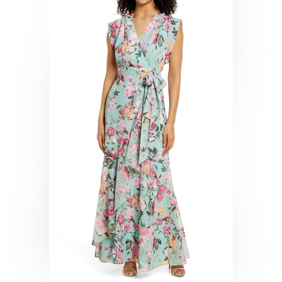 Eliza J Floral Faux Wrap Maxi Dress Sz 12 - Picture 3 of 16
